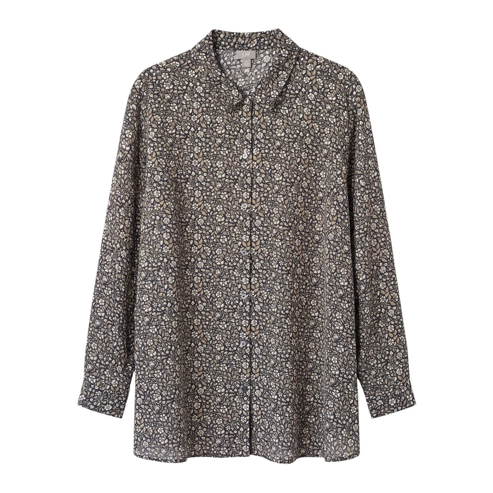 J. Jill Blouse 4X Plus Black Khaki White Floral Button Front Long Sleeve Tunic